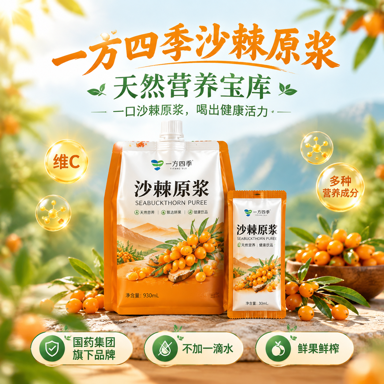 天然健康风商品营销海报，主题为沙棘原浆，画面比例1:1，构图简… - 图片创意预览