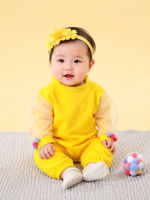 超写实百天宝宝模特室内影棚服装展示摄影。
主体：百天宝宝黄色连体衣严格参照上传产品图，完整保留亮黄色主体、网纱拼袖、彩色毛球袖口全部细节，纹理、颜色、造型与原图完全一致，产品占画面 50%，核心展示面预览效果