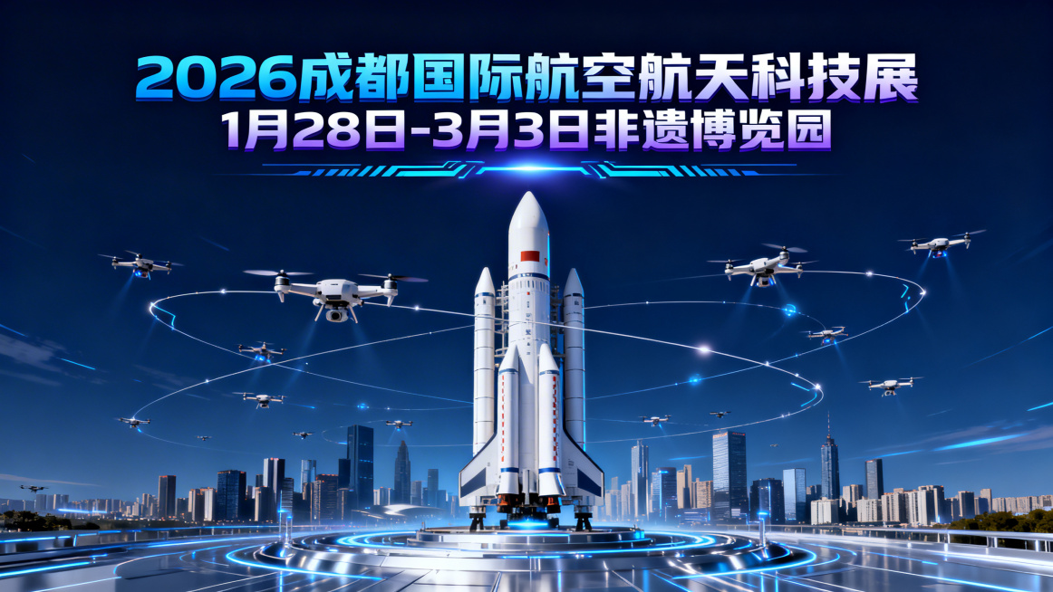 做些广告宣传图尺寸1280*720，文字内容2026成都国际航空航天科技展 1月28日-3月3日  非遗博览园。预览效果