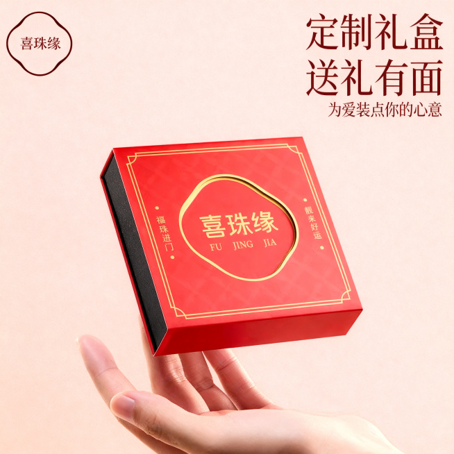 将图片礼盒上所有文字'福进家'修改为'喜珠缘'，左上角圆形内的文字修改为'喜珠缘'，礼盒正面中间位置文字修改为'喜珠缘'，侧边文字修改为'喜珠进门'，其余部分保持原样不变，保持红色礼盒金色线条和文字的预览效果