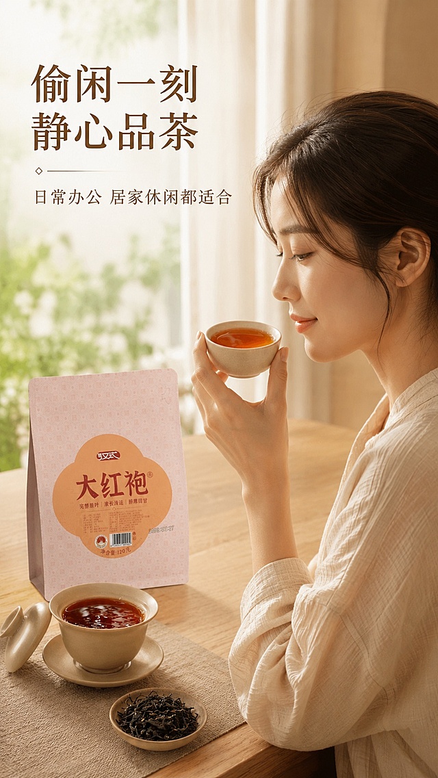 [第5屏] 模特品茶场景展示屏，汉式大红袍乌龙茶。本屏使用【图1】产品参考。
[氛围/风格] 休闲雅致生活方式，温馨治愈的午后品茶氛围，生活化自然质感。
[元素布局] 模特肩部以上侧脸入镜，手持盛有大红袍茶汤的品茗杯，产品包装袋放置在桌面斜后方，产品占比约60%；背景为干净浅木色桌面，虚化窗外绿植。
[光影质感] 柔和窗边自然光，面部光影过渡自然，整体氛围慵懒放松。
[配色色系] 全局底色 #F7F3EC；主色为浅木色和茶汤橙红色；辅助色为模特自然肤色，深棕色文字。
[视角构图] 平视视角，模特在右侧，产品包装在左侧，对角线构图，动线清晰。
[文字版式] 主标题「偷闲一刻 静心品茶」，副标题「日常办公 居家休闲都适合」，温润宋体左对齐排列，文字不遮挡模特和产品主体。
[比例分辨率] 9:16 竖版比例，4K分辨率，文字清晰可辨，高清画质。
[负向提示词] 模特面部畸形，产品包装变形，文字错乱，水印，虚假宣传。
