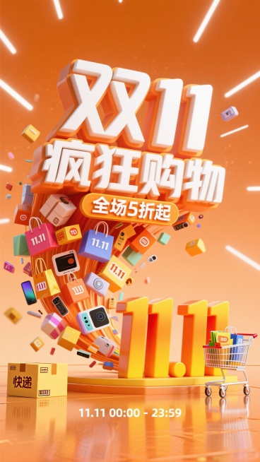 卡通3D风格双11促销海报，暖橙色为主色调，画面上方中央位置白色粗体立体大字“双11疯狂购物”，下方小字“全场5折起”，左侧和中间区域大量色彩缤纷的商品（各色购物袋、包装盒、电子产品、带“11.11”预览效果