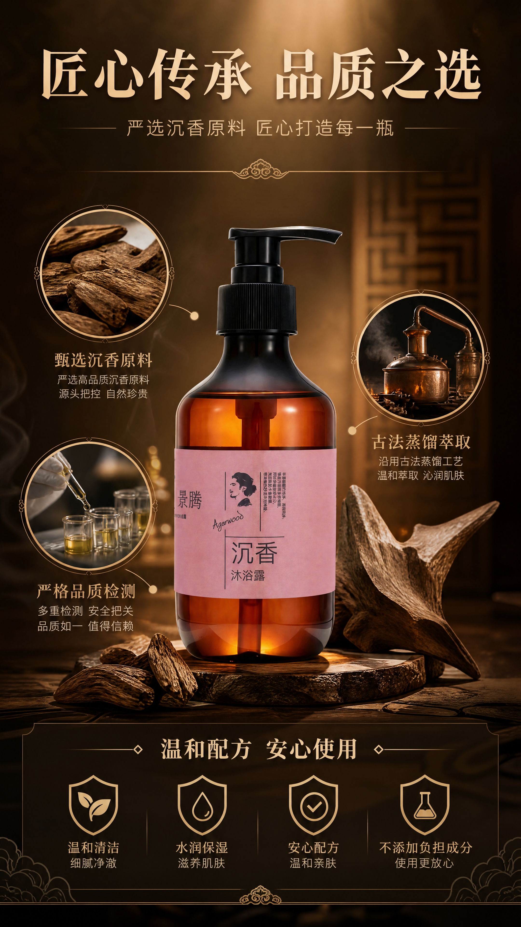 [商品] 使用【图1】景腾沉香沐浴露；保留琥珀棕瓶身、黑色泵头… - 图片创意预览