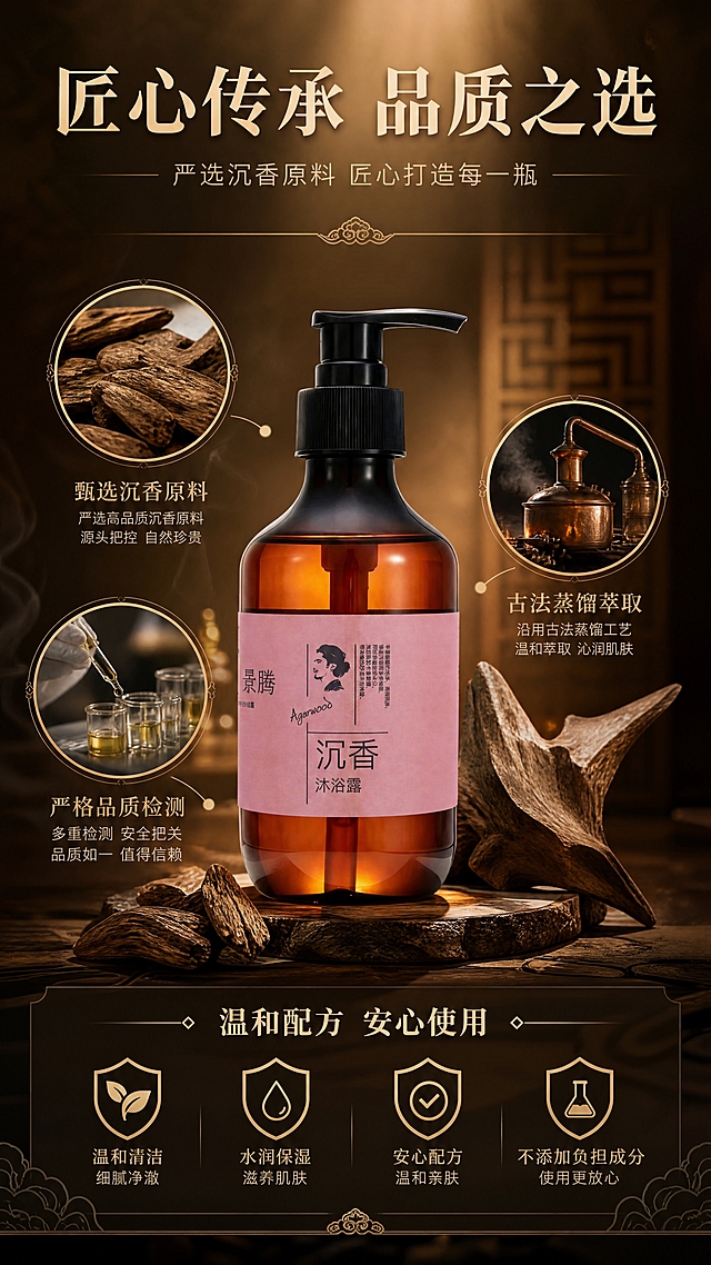 [商品] 使用【图1】景腾沉香沐浴露；保留琥珀棕瓶身、黑色泵头、粉色标签全部元素，瓶身结构比例不变，置于画面中部偏下。
[画面] 目标：品牌匠心与品质信任背书，增强消费者信任感。构图：上方品牌理念文字，中部产品与沉香原料、手工采摘/古法蒸馏场景小图组合，底部品质保障图标；产品居中，周围环绕3张圆形原料/工艺小图（沉香木、蒸馏萃取、品质检测）；阅读动线从上到下。前中后景三层：前景产品主体，中景圆形工艺小图，后景深棕暖金渐变背景。
[视觉] 套系策略：风格=东方轻奢高端商业摄影，新中式香氛美学；标题字=宋体衬线粗体，东方雅致；正文字=简洁无衬线体；主色=沉香棕+暖金；背景延展=深棕到金棕的渐变、细腻纹理、暖光光束；强调色=鎏金色，用于图标边框和高亮；标题色=暖金/米白；正文色=浅米白/暖棕灰；组件=圆形工艺图框、盾牌品质图标、细线引线、中式纹样装饰；光影=中心聚光效果，产品清晰突出。
[文字] 顶部主标题"匠心传承 品质之选"，副标题"严选沉香原料 匠心打造每一瓶"；中部3个圆形图标配文："甄选沉香原料""古法蒸馏萃取""严格品质检测"；底部品质承诺："温和配方 安心使用"；文字均为横排。
[规格] 图片比例9:16竖版，4K，负向提示：避免变形、错字、文字过小、虚假认证、绝对化用语、医疗功效、冷色调。