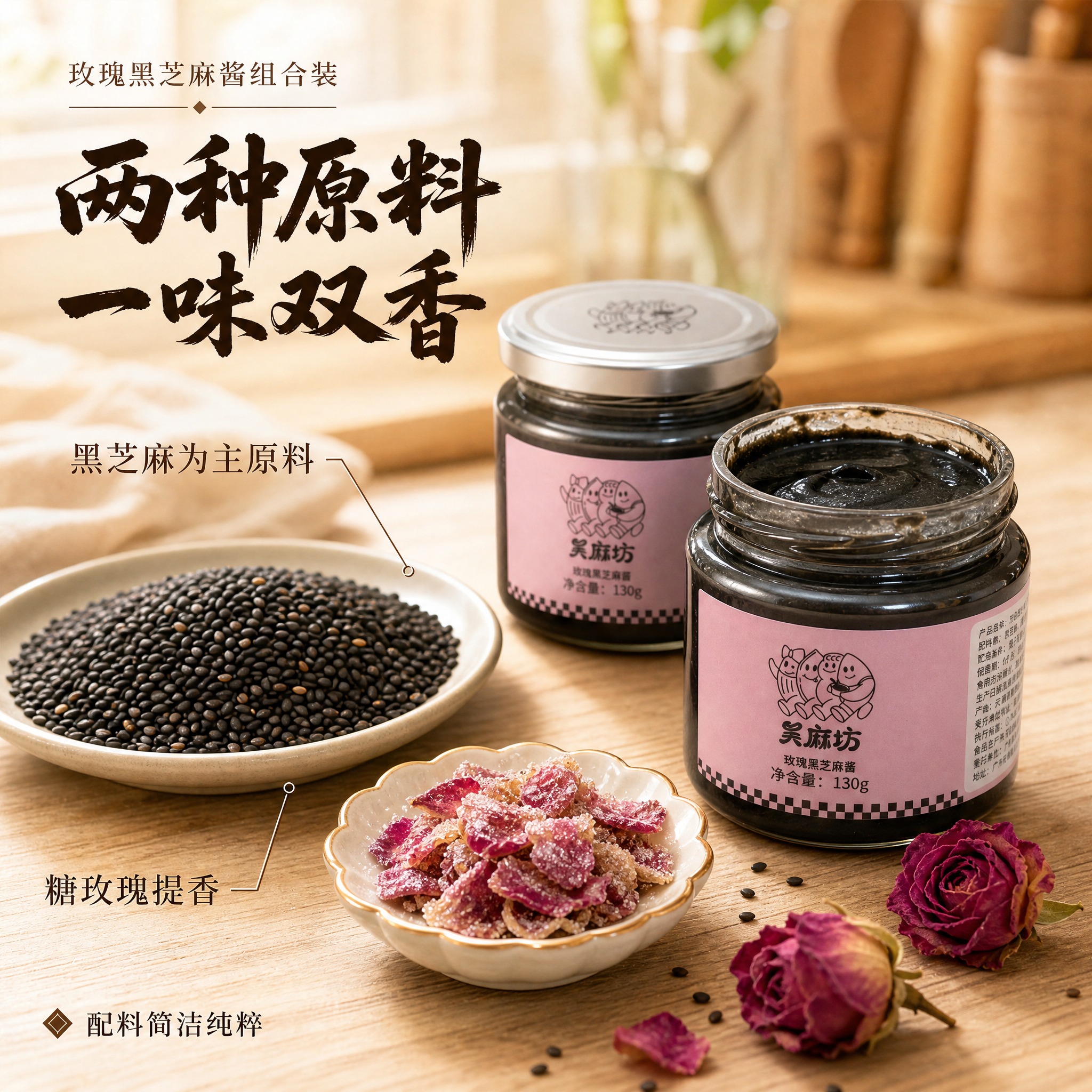 [主图-2]「玫瑰黑芝麻酱组合装」原料构成图。用真实可见的黑芝… - 图片创意预览