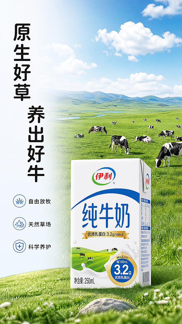 [第2屏] 优质奶源产地展示，伊利牛奶原产地牧场风光。
[氛围/风格] 自然原生态，开阔草原风光，清新治愈，写实商业摄影质感。
[元素布局] 画面上半部分为开阔的内蒙古绿色草原实景，蓝天白云，成群奶牛散落草地；下半部分放伊利纯牛奶包装盒，占画面下半部分40%区域，保持包装结构、颜色和文字与第1屏一致。左侧竖排文字区域，右侧为实景图片，层次分明。至少包含草原、蓝天、奶牛、产品四种元素。
[光影质感] 自然日光从上方洒下，草原光影层次自然，产品包装盒光线均匀，清晰展示包装细节，整体通透自然。
[配色色系] 全局底色：#F8FCFF（浅蓝白渐变）；主体配色：#38B000（草原绿）+ #FFFFFF（包装白）+ #1967D2（品牌蓝）；辅助色：#202124（文字黑）。保持全局底色与第1屏一致。
[视角构图] 远景开阔草原，产品位于画面下半部分居中，上远景下产品，整体构图稳定自然。
[文字版式] 左侧大标题「原生好草 养出好牛」黑色圆角黑体，纯色填充，字号为画面高度6%，垂直排版；下方配三个小点：「自由放牧」「天然草场」「科学养护」，每行字右侧留出空间给草原图片，文字不遮挡主体产品。延续第1屏字形、字色和字效。
[比例分辨率] 9:16竖版比例，1080×1920，4K分辨率，文字清晰可辨，超高清。
[负向提示词] 产品变形，包装文字模糊，颜色偏差，文字错乱，背景杂乱，夸张虚假场景