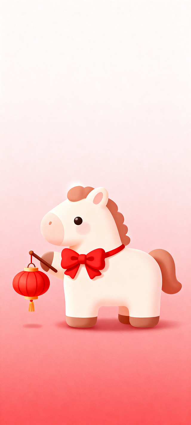 温柔治愈系新年手机壁纸，浅粉浅红渐变背景，融入马年喜庆元素，简约可爱风格，小清新ins风，低饱和度色调，柔和光影，干净背景，适合女生使用