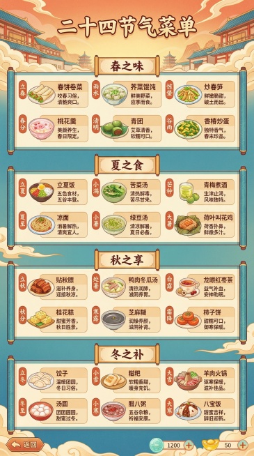 现代风格餐厅经营小游戏菜单页面，主题是二十四节气饮食，延续首页国潮卡通现代风格，页面展示对应二十四节气特色菜品菜单，每个菜品配简洁文字介绍和节气对应说明，文字字体统一清晰，整体风格与前三张统一，375预览效果