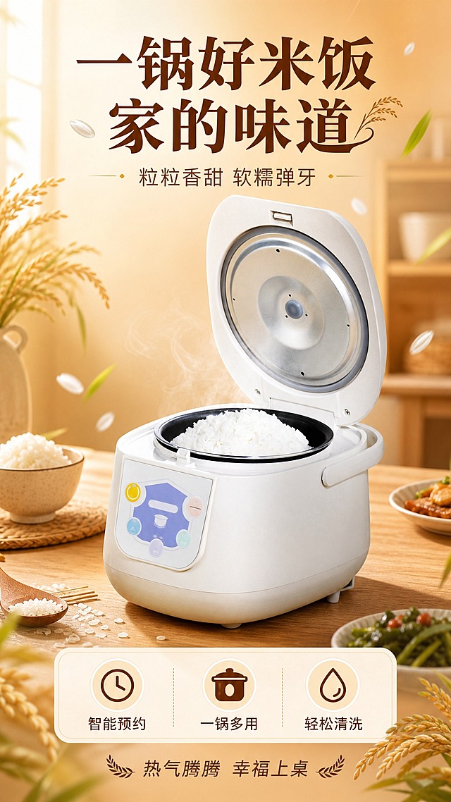 为米白色电饭煲制作一张竖版 9:16 家用小家电商品宣传海报，写实商业摄影质感，温馨暖色厨房生活氛围。电饭煲100%还原上传商品图的产品外形、包装结构与细节，以上传图为唯一商品主体来源，完整保留米白色圆润机身、一体式弧形把手、可翻开锅盖、黑色内胆与蓬松米饭，产品轮廓、比例、面板图案、材质颜色与正面朝向均与上传图保持一致，设计仅作用于背景、光影、道具、版式和文字区，商品主体占比约60%，文字不遮挡主体。画面布局：上方主标题区，中部电饭煲主视觉置于木质台面或几何展台上、底部有柔和接触阴影，下方为卖点信息带；背景为暖米黄到浅橙渐变，加入轻柔蒸汽、漂浮米粒与稻穗、绿色叶片点缀，前景带轻微景深虚化；顶部自然光配合侧前方柔光，营造洁净、温馨、有食欲的居家氛围。画面文字必须完整清晰呈现：主标题「一锅好米饭 家的味道」用大号深棕色字置于画面上方；副标题「粒粒香甜 软糯弹牙」用较小字号置于主标题下方；三条卖点标签「智能预约」「一锅多用」「轻松清洗」分别配简洁几何图标，位于产品下方信息带；装饰小字「热气腾腾 幸福上桌」置于底部。画面中所有信息区域、标签区域必须填充完整合理的内容，不得出现空白框、空白占位、横线待填写区域、空列表项、空单元格，确保是完整可用的成品海报而非待填写模板。整体版式精美、层级分明、四边留足安全边距，画面干净无水印。
