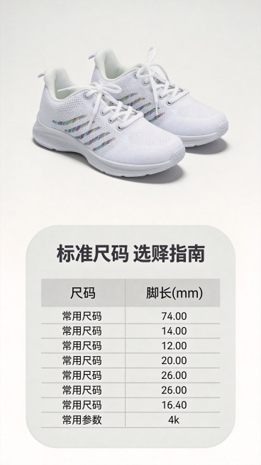 [第5屏] 规格参数与选购-白色运动鞋尺码信息展示。
[氛围/风格] 简约清晰信息风，干净浅灰背景，清爽信息排版。
[元素布局] 画面上半部分放置一双鞋子完整正面展示，保持输入产品图外观、颜色、材质完预览效果