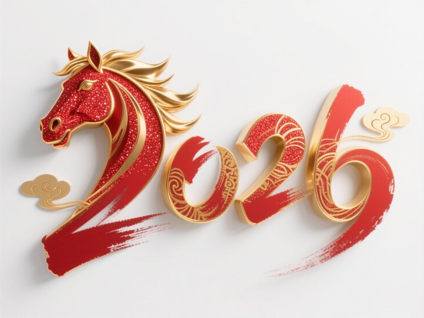 在白色背景上有：“2026” 立体艺术字，连贯的装饰性字体：首个数字 “2” 融合抽象鎏金红昂首嘶鸣马首（马首红底鎏金纹路，鬃毛挺立），红色闪粉与金色金属的材质；金色用于马首鬃毛、字边缘带有金色立体描预览效果