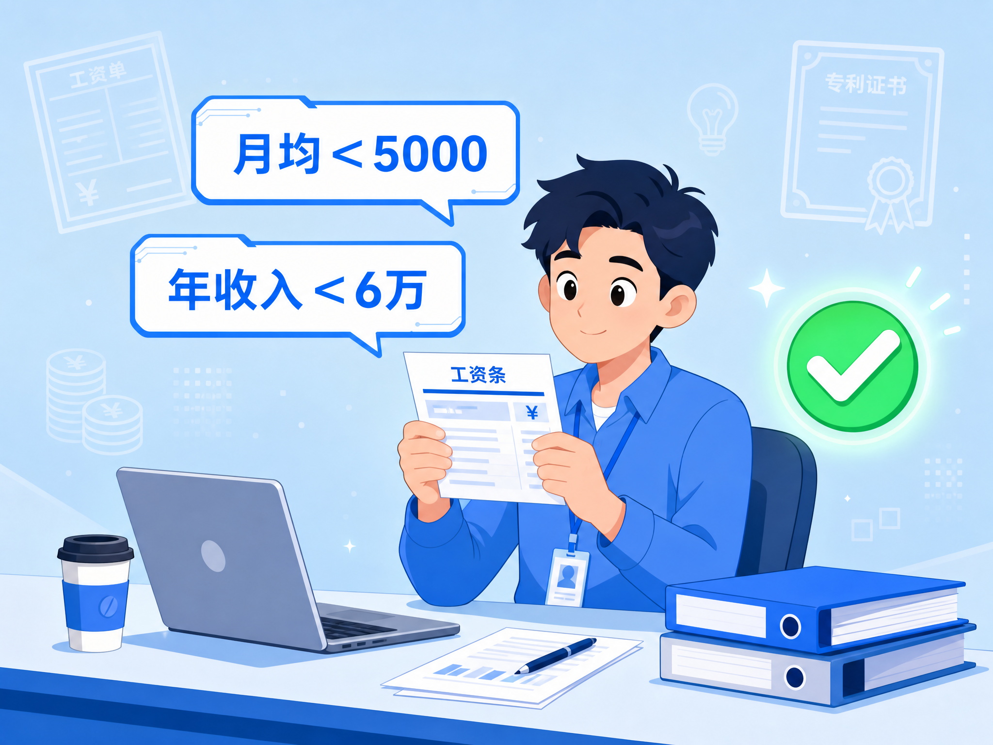 扁平插画风格，4:3横构图。画面中是一位职场年轻人卡通形象，坐… - 图片创意预览