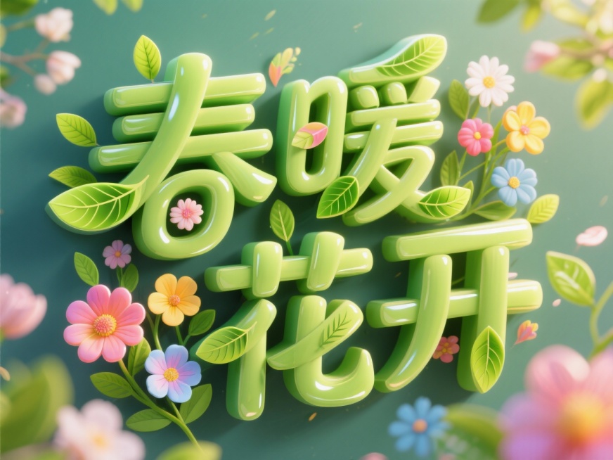 “春暖花开”四个大字，字的笔画由嫩绿的树叶、绽放的花朵组成，字体立体感强，充满生机与活力预览效果