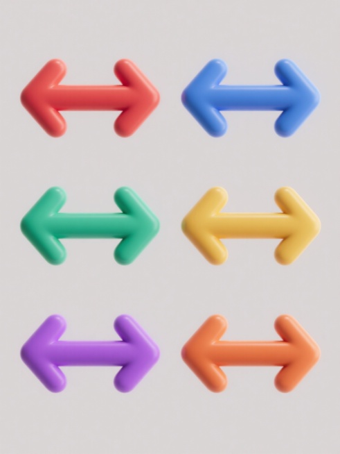 六个完全相同的水平双向箭头图标，每个图标分别为红色、蓝色、绿色、黄色、紫色、橙色，呈2行3列的规整矩阵排布，采用软3D风格，箭头线条圆润，具有轻微的立体感和光泽感，背景为纯色无纹理，整体设计简洁、现代，视觉层级清晰，色彩鲜明且对比协调，信息传达直接高效。预览效果