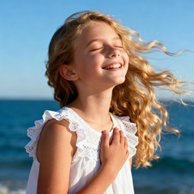 一张超写实的专业人像摄影，15岁左右的外国可爱小女孩，金色长卷发被风吹起，闭着眼睛露出灿烂的笑容，4/3的侧脸，下巴上仰10度，一只手放在胸口，穿着带蕾丝荷叶边的白色无袖连衣裙，阳光洒在脸上，半身构图预览效果