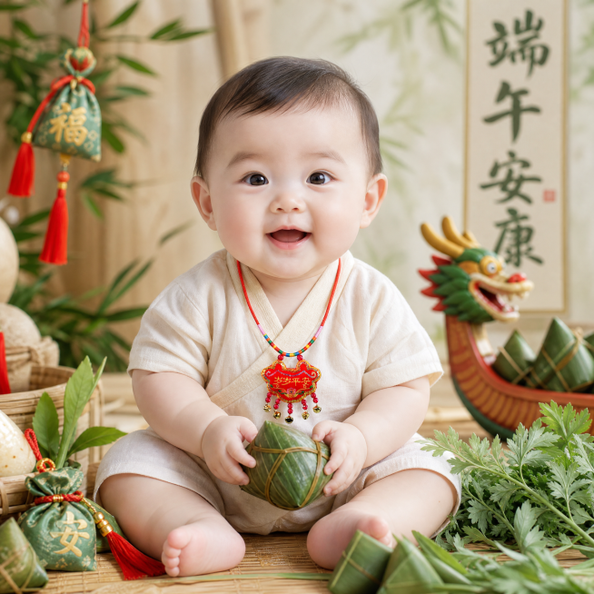 半岁左右的婴儿，身穿浅色衣服，手拿粽子，胸前佩戴着图中的岁岁平安香包小吊坠，保留香包原有样貌，清新风格，融入端午节的香囊、粽子、龙舟、艾叶等元素，浓厚端午节氛围，1:1构图预览效果