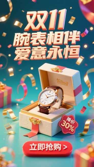充满活力的双11销售海报构图。一枚优雅的手表放在打开的奢华礼盒中，周围是漂浮的彩带和金色丝带。电商风格，明亮欢快的灯光。“双11”Logo巨大且具有庆典感，位于顶部。主标题“腕表相伴 爱意永恒”采用粗预览效果