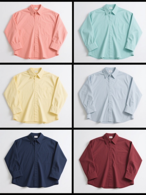 六张相同款式的浅蓝色宽松衬衫平铺展示，每张衬衫分别更换为完全不同的纯色（如：珊瑚粉、薄荷绿、鹅黄色、浅灰色、藏青色、酒红色），背景均为纯白色，所有衬衫保持原有的清晰轮廓、简约无logo设计、自然褶皱和相同的拍摄角度与光影效果，六张图片以2x3网格形式规整排布，整体形成色彩丰富且风格统一的系列素材集合，具有高效的信息传达和服装展示的设计感。预览效果