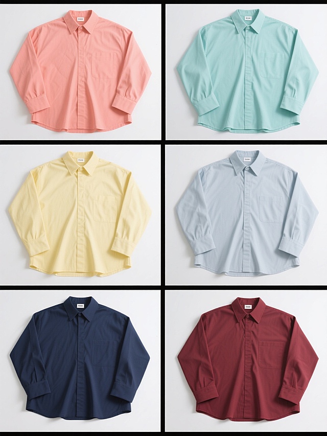 六张相同款式的浅蓝色宽松衬衫平铺展示，每张衬衫分别更换为完全不同的纯色（如：珊瑚粉、薄荷绿、鹅黄色、浅灰色、藏青色、酒红色），背景均为纯白色，所有衬衫保持原有的清晰轮廓、简约无logo设计、自然褶皱和相同的拍摄角度与光影效果，六张图片以2x3网格形式规整排布，整体形成色彩丰富且风格统一的系列素材集合，具有高效的信息传达和服装展示的设计感。