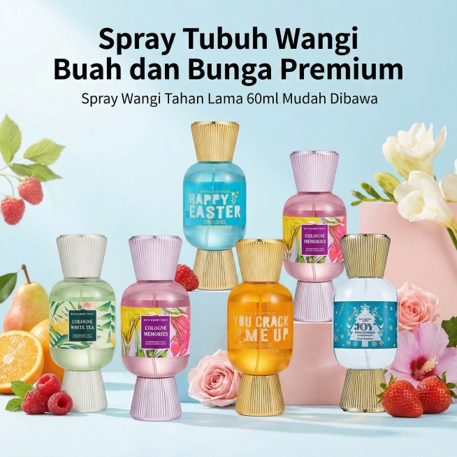 首屏主视觉爆款引流封面，主标题"Spray Tubuh Wangi Buah dan Bunga Premium"，副标题"Spray Wangi Tahan Lama 60ml Mudah Diba预览效果