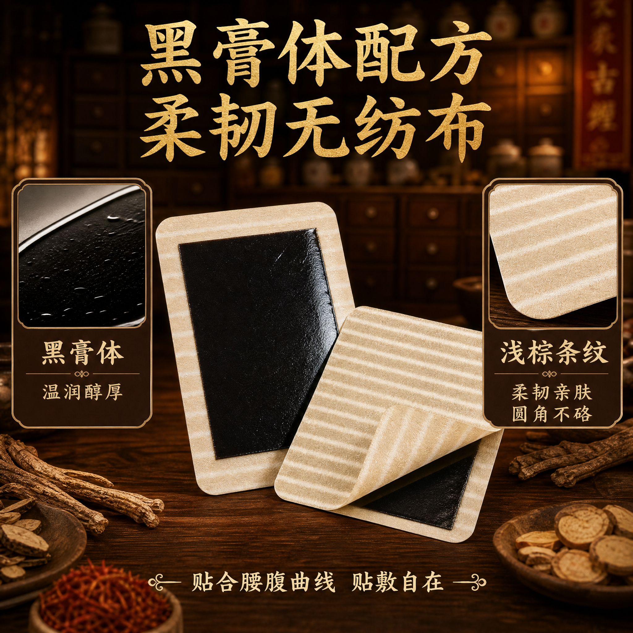 [主图-3] 材质细节品质图，展示黑膏体配方与浅棕条纹柔韧无纺… - 图片创意预览