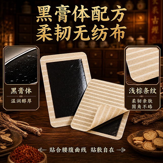 [主图-3] 材质细节品质图，展示黑膏体配方与浅棕条纹柔韧无纺布材质。
[统一基调] 中式传统中医馆风格，深木色与暖金色为主色调，背景为暖光中药房场景虚化，标题字色为烫金色，辅助文字为米白色，字体为宋体/书法体结合，信息卡片用深棕底金边样式。
[画面] 画面中央偏上展示两贴筋骨贴：一贴正面朝上展示黑膏体全貌，另一贴翻折一角展示浅棕条纹无纺布的柔韧质感，突出圆角边缘设计。下方木质台面上散落几味中药材（当归、红花等）作为成分暗示。背景为虚化的中药柜与暖光。产品占画面约55%。
[光影质感] 微距商业摄影质感，暖光柔和，膏体表面有细腻光泽与温润质感，无纺布条纹纹理清晰可见，圆角边缘光滑，药材有自然质感，整体突出材质细节与品质感。
[配色] 深木色背景，烫金色标题，米白色说明文字，深棕卡片金边，膏体深黑色，无纺布浅棕色。
[文字版式] 顶部大标题'黑膏体配方 柔韧无纺布'烫金色粗宋体。画面左右两侧各有一个放大细节框：左侧放大框展示膏体质地，标注'黑膏体 温润醇厚'；右侧放大框展示无纺布条纹与圆角边缘，标注'浅棕条纹 柔韧亲肤 圆角不硌'。放大框为深棕金边样式。底部小字'贴合腰腹曲线 贴敷自在'。
[输出要求] 1:1正方形，2048x2048，文字清晰，材质细节清晰，无变形，无错字，无水印，无平台Logo。