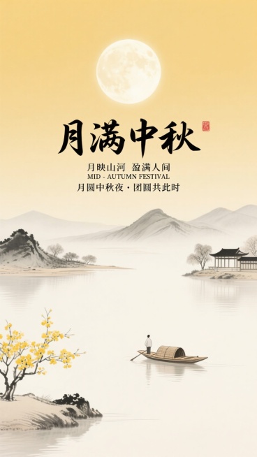 艺术字标题“月满中秋”，小字“月映山河 盈满人间“、“MID - AUTUMN FESTIVAL”、“月圆中秋夜・团圆共此时” 文字，天空中明亮的圆月，下方是山水景色，有连绵的山峦、平静的湖水，湖面上预览效果