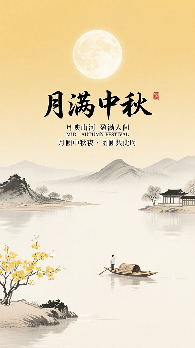 艺术字标题“月满中秋”，小字“月映山河 盈满人间“、“MID - AUTUMN FESTIVAL”、“月圆中秋夜・团圆共此时” 文字，天空中明亮的圆月，下方是山水景色，有连绵的山峦、平静的湖水，湖面上有一叶扁舟，船上有一人。湖边有中式楼阁，还有开着黄色花朵的树木，暖黄色为底色