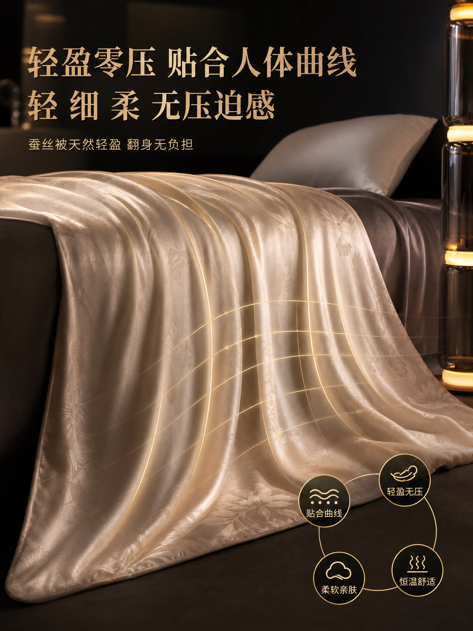 [商品] 使用【图6】蚕丝被侧面垂坠图；保留香槟金提花被面、自… - 图片创意预览