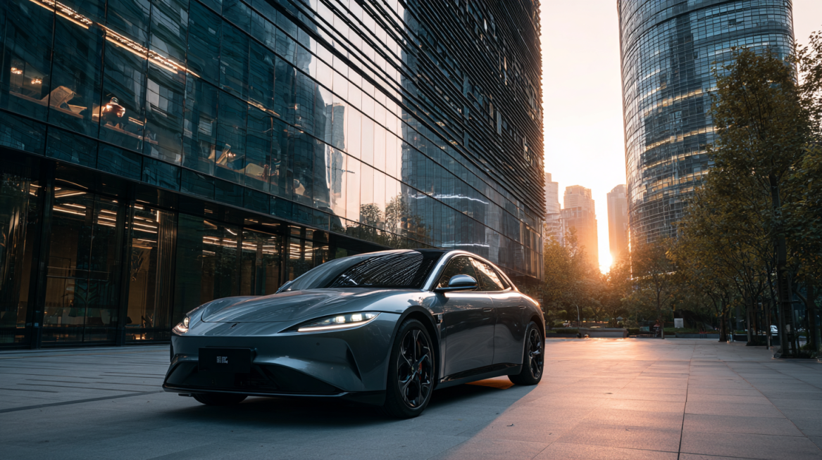 【画面】清晨，都市高楼玻璃幕墙反射第一缕曙光。一辆零跑B01天幕灰静置其中，车身倒映着流动的云影。车头智能呼吸格栅如生物般轻微开启，吸入第一口晨风。【镜头】大俯拍转缓慢环绕，镜头最终聚焦于格栅特写预览效果