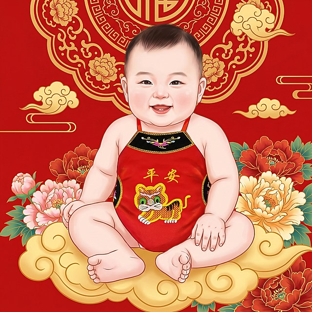 「图片1」「图片1」生成1张百天宝宝穿着图1肚兜、中国风传统年画风格、背景简单1:1