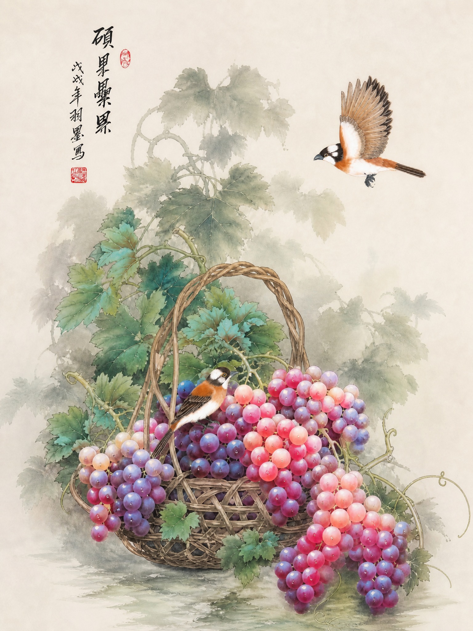 保持原图的工笔国画风格、葡萄竹篮内容、飞鸟、书法题字和印章完全… - 图片创意预览