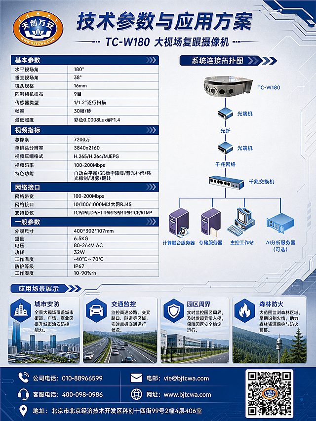 工业科技风产品彩页反面，A4竖版3:4比例，深蓝银灰配色，专业安防监控设备参数页。顶部标题"技术参数与应用方案"，副标题"TC-W180 大视场复眼摄像机"，左上角天创万安Logo（蓝橙椭圆五星标志）。上半部分为详细参数表，分四大类用深蓝色块标题栏区分："基本参数"、"视频指标"、"网络接口"、"一般参数"，每类下排列参数项和数值，左对齐，清晰易读。基本参数包含：水平视场角180°、垂直视场角38°、镜头规格16mm、阵列相机排布9目、传感器类型1/1.2"逐行扫描、帧率30帧/秒、最低照度彩色0.0008Lux@F1.4。视频指标包含：总像素7200万、单镜头分辨率3840x2160、视频压缩格式H.265/H.264/MJEPG、视频码率100-200Mbps、特色功能自动白平衡/3D数字降噪/背光补偿/强光抑制/透雾/翻转。网络接口包含：网络带宽100-200Mbps、网络接口10/100/1000M以太网RJ45、支持协议TCP/IP/UDP/HTTP/RTSP/RTP/RTCP/RTMP。一般参数包含：外观尺寸400*302*107mm、重量6.5KG、电压80-264V AC、功耗32W、工作温度-40℃～70℃、防护等级IP67、工作湿度10-90%rh。中部右侧为系统连接拓扑图：TC-W180摄像机→光端机→光纤→光端机→千兆网络→千兆交换机→计算融合服务器/存储服务器/主控工作站/AI分析服务器(可选)，蓝色连接线串联。下半部分应用场景展示，配4个小场景图标：城市安防、交通监控、园区周界、森林防火，每个场景配简短说明。底部联系信息区：公司电话010-88966599、客服电话400-098-0986、电邮vie@bjtcwa.com、网址www.bjtcwa.com、地址北京市北京经济技术开发区科创十四街99号2幢4层406室，右下角放置二维码（带天创万安Logo中心标识）。背景为浅灰到深蓝渐变，带科技感线条装饰，整体专业严谨，版式精美，表格清晰，四周留安全边距。画面中所有数字必须精确渲染，不得错位遗漏编造。所有表格和信息区域必须填充完整内容，不得出现空白框或空单元格。