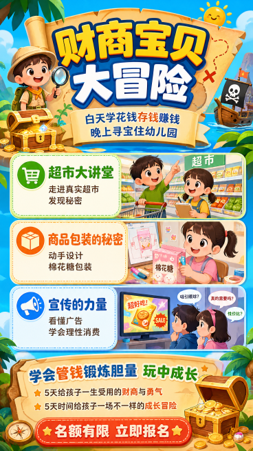童趣活力夏令营宣传海报，主标题大字修改为“财商宝贝大冒险”，副标题为“白天学花钱存钱赚钱 晚上寻宝住幼儿园”，三个主题板块分别为：🛒超市大讲堂走进真实超市发现秘密，📦商品包装的秘密动手设计棉花糖包预览效果