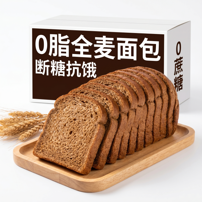 [主图-6 深褐色款] 主体是一整条切片的深褐色全麦吐司面包，面包切片整齐排列，放在木质托盘上，左侧有小麦穗装饰，背景为白色，后方有产品包装盒。[氛围风格] 写实高清电商食品主图风格，光线均匀明亮，突预览效果