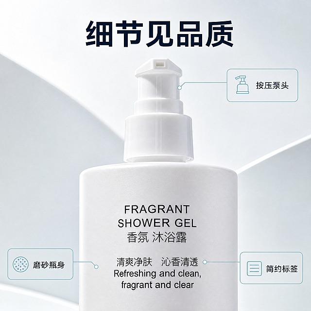 [主图-3] 材质品质图：用微距细节证明白色按压泵头、磨砂瓶身与简约一体标签的做工质感，呼应高档酒店的精致感；本张只讲材质与做工，不重复香气、场景或容量规格。
[统一基调] 简洁清爽的高端洗护视觉：浅白到淡青白的干净渐变背景，带极简弧线造型与柔和光影，高亮通透、留白充足；主标题用深墨蓝黑现代无衬线粗体，辅助文字用中灰同款无衬线小字，清透水青仅作图标、水珠或数据高亮的小面积点缀；统一使用细线圆角标签卡与简洁线条图标，不出现厚重色块通栏和边框。
[画面] 香氛沐浴露瓶身中上部的微距近景：白色多边形切面按压泵头占据画面上部，磨砂质感的白色圆柱瓶身与黑色标签文字清晰锐利；画面右上和左下各有一枚细线圆角标注框，分别对应 "按压泵头" 与 "磨砂瓶身"，中间瓶身可再标 "简约标签"；背景为极简弧形墙面的浅白到淡青白渐变，柔和高级。
[光影质感] 侧逆光商业摄影质感，凸显磨砂表面的细腻质感与泵头切面的干净高光，阴影柔和清晰，无生硬塑料感、无粗糙低清。
[配色] 浅白/淡青白背景；主标题深墨蓝黑；辅助文字中灰；清透水青仅用于标注框细线与小图标。
[文字版式] 顶部标题 "细节见品质" 大字加粗；三处局部标注只用短词 "按压泵头""磨砂瓶身""简约标签" 小字，禁止长句；标注线指向明确，不遮挡瓶身主体。
[输出要求] 1:1 方形构图，文字清晰无错字，产品不变形、无色差、无悬浮；负向：变形、错字、模糊、杂乱、水印、平台 Logo、塑料廉价感、厚重色块。