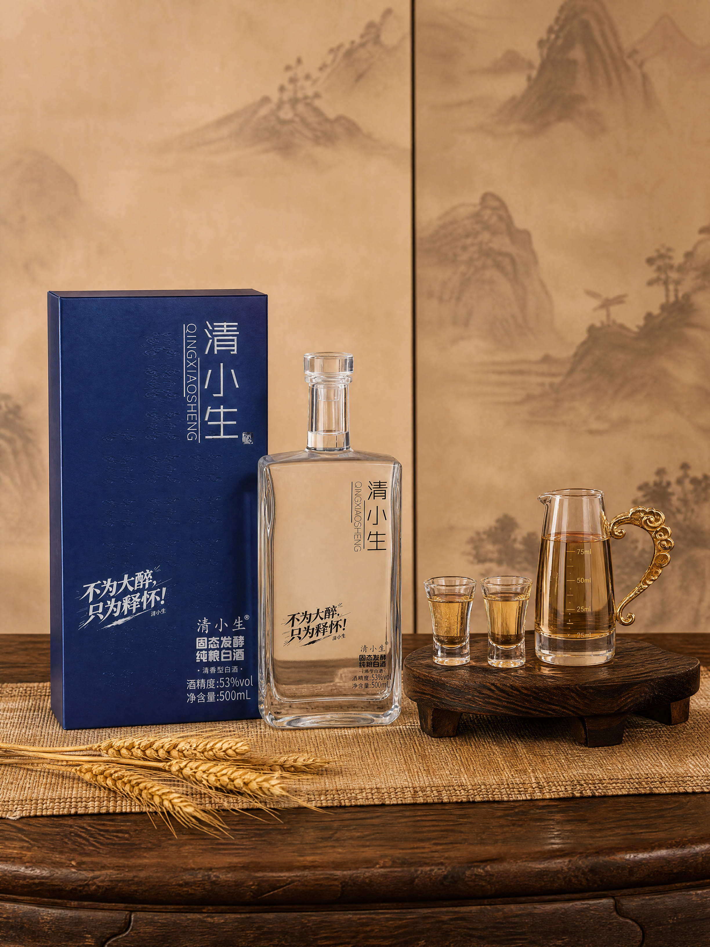 白酒产品（蓝色礼盒+透明玻璃酒瓶）严格参照上传产品图，完整保留… - 图片创意预览