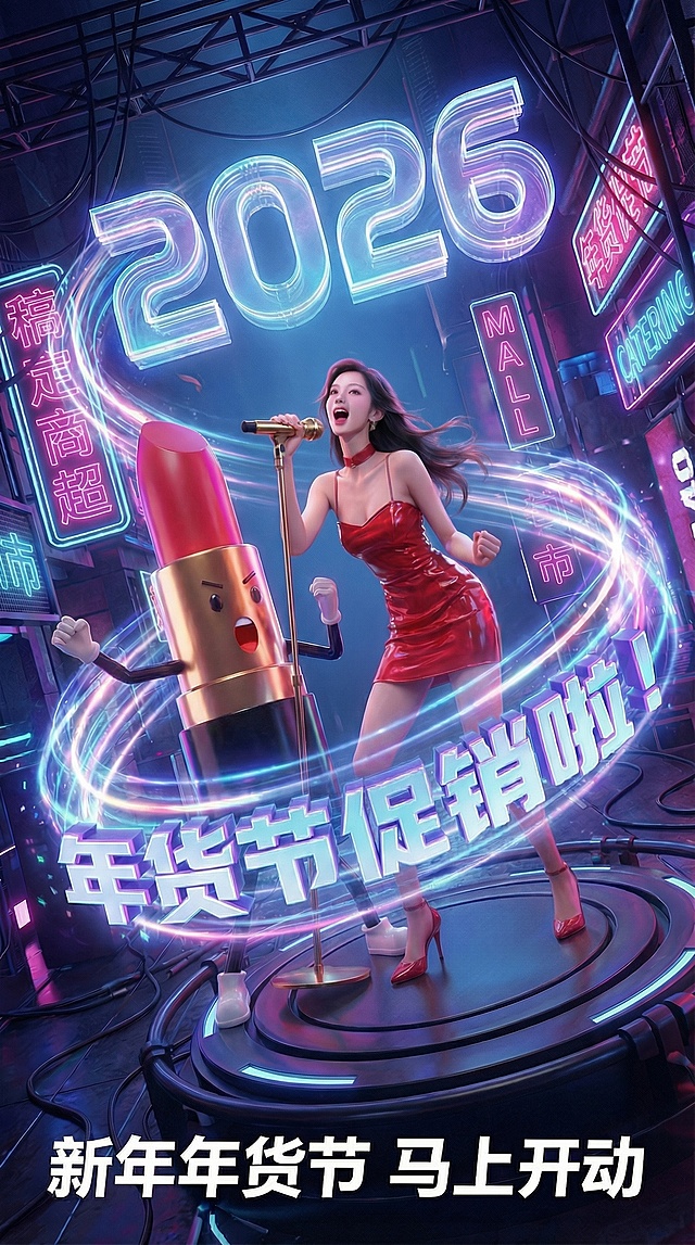 赛博朋克风融合拟人化口红，霓虹灯与金属质感交织，未来感十足的年货节促销海报，酷炫趣味并存，科技感满溢。