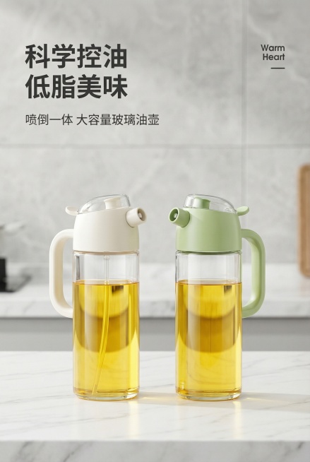 [主图1首图] 喷倒一体玻璃油壶产品首图，展示双配色产品。[氛围/风格] 简约现代厨房风，自然明亮光线，干净通透质感，比原图光影更通透，色彩更清新。[画面元素] 米白色和浅绿色两款油壶并排展示，都装着预览效果