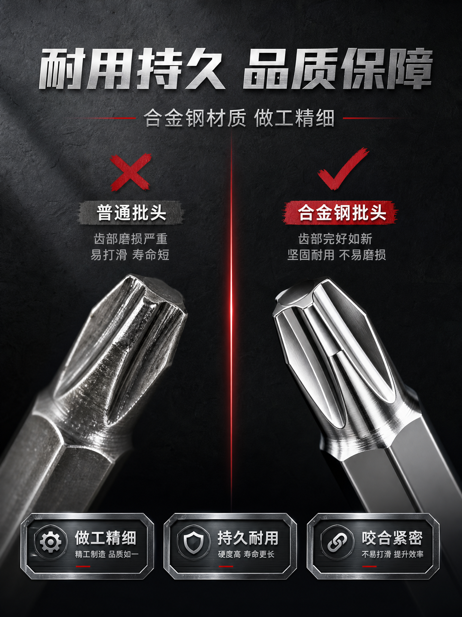 电商详情页，耐用性对比展示。左右对比布局，左侧普通批头齿部有磨… - 图片创意预览