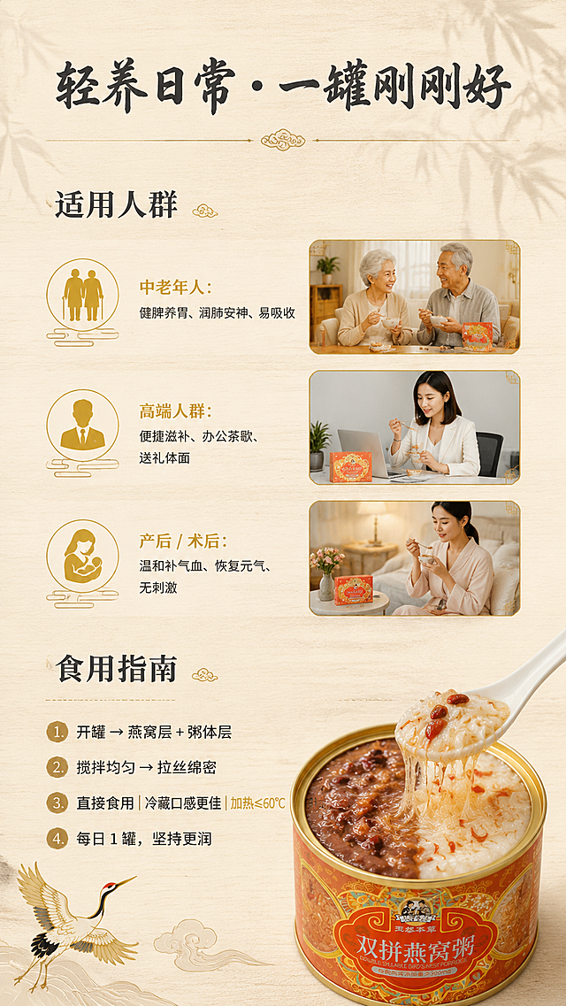 双拼燕窝粥详情页第四页使用场景和食用方法海报，背景为淡木纹带有浅竹影，顶部标题文字"轻养日常・一罐刚刚好"为#333333墨灰书法体，适用人群标题文字"适用人群"为#333333墨灰加粗思源宋体，人群明细："中老年人：健脾养胃、润肺安神、易吸收"，人群标签"中老年人"使用#D4AF60浅金，其余文字为#333333墨灰常规思源宋体；"高端人群：便捷滋补、办公茶歇、送礼体面"，人群标签"高端人群"使用#D4AF60浅金，其余文字为#333333墨灰常规思源宋体；"产后 / 术后：温和补气血、恢复元气、无刺激"，人群标签"产后 / 术后"使用#D4AF60浅金，其余文字为#333333墨灰常规思源宋体；食用指南标题文字"食用指南"为#333333墨灰加粗思源宋体，步骤文案："1. 开罐 → 燕窝层 + 粥体层"为#333333墨灰常规思源宋体；"2. 搅拌均匀 → 拉丝绵密"为#333333墨灰常规思源宋体；"3. 直接食用｜冷藏口感更佳｜加热≤60℃"为#333333墨灰常规思源宋体；"4. 每日 1 罐，坚持更润"为#333333墨灰常规思源宋体；整体国风简约排版，国潮养生风格