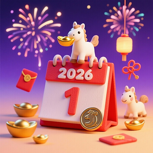 画面中心是带 “2026” 字样在上方，“1” 在下方的红色台历，台历上方坐着持金元宝的白色小马，背景为深紫渐变夜空（点缀烟花），周围环绕金元宝、小红包、卡通小马灯笼、同心结、马年生肖金属徽章。