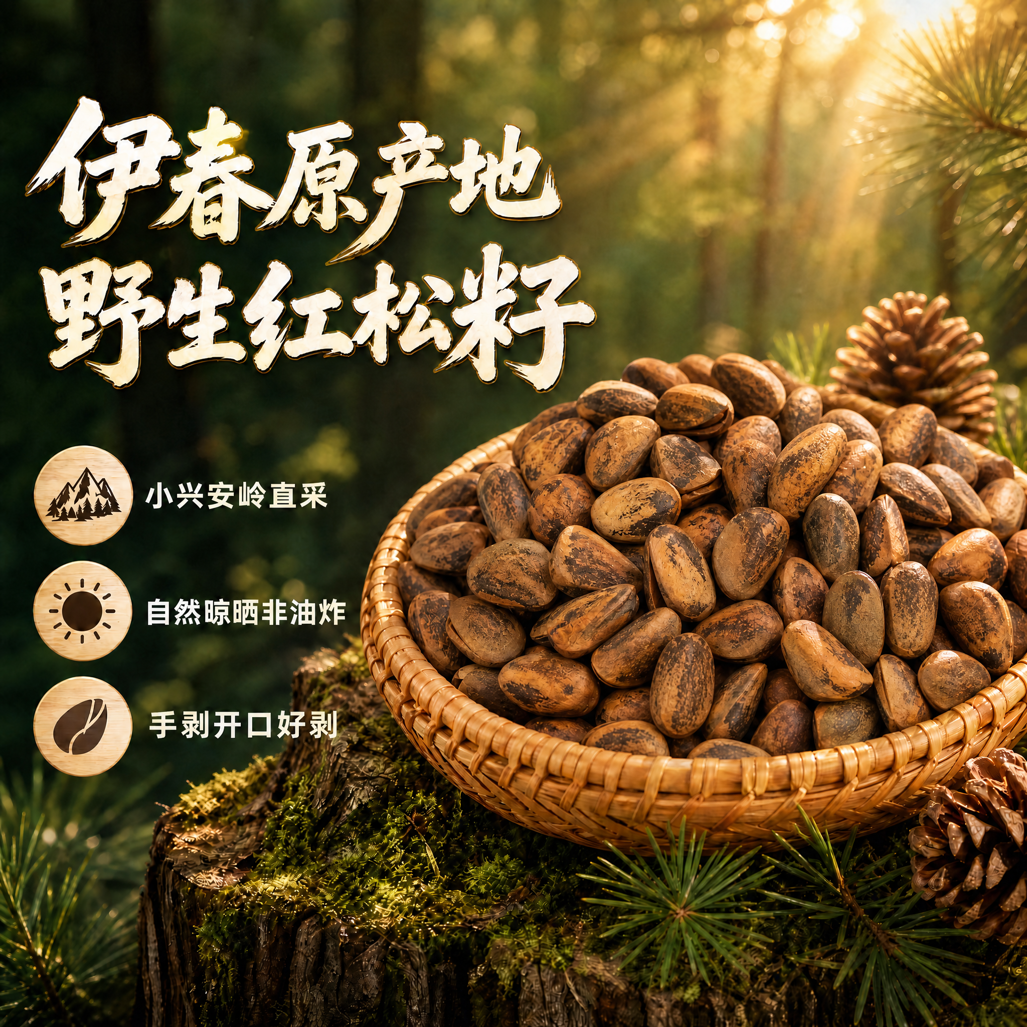 将图中所有开口露出白色果仁的松籽全部替换为完整闭合的深褐色带斑… - 图片创意预览