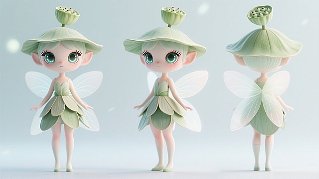 清新软3D风，可爱卡通拟人精灵，绿叶服饰与翅膀，童话般梦幻设计。