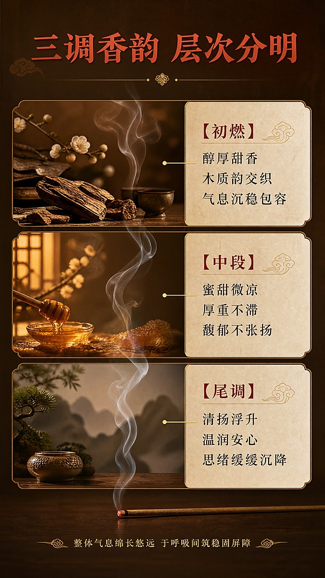 [商品] 使用【图2】线香燃香示意；保留线香形态与颜色；商品处理：线香顶端呈现点燃微红与轻烟效果，增强香韵氛围，不改变主体形态。
[画面] 目标：香韵三层层次拆解，呈现前中后调嗅觉体验。构图：竖向三段式分层，自上而下分别为初燃、中段、尾调三个香气层次；每层左侧为意境画面（初燃层：木质纹理与甜香氤氲；中段：蜜色柔光与微凉气息；尾调：清扬青烟与温润光晕），右侧为文字说明；底部横卧一支点燃的线香，青烟贯穿三层；背景为渐变暖棕色；产品占画面约25%。
[视觉] 套系策略：风格=东方宫廷雅致国风商业摄影；标题字=宋体衬线粗体（书法感）；正文字=简洁宋体；主色=故宫红+深木棕；背景延展=基于深木棕做深浅层级、同色渐变和细腻木纹/宣纸质感；强调色=烫金色，仅用于小面积图标、引线、标签和装饰线条；标题色=故宫红/烫金；正文色=深棕灰；组件=圆角米白宣纸信息卡、细金线引线、祥云纹样点缀；光影=左前侧暖柔光，侧逆光勾勒轮廓，营造静谧禅意。
[文字] 顶部主标题"三调香韵 层次分明"，三层分别标注"【初燃】醇厚甜香 木质韵交织 气息沉稳包容""【中段】蜜甜微凉 厚重不滞 馥郁不张扬""【尾调】清扬浮升 温润安心 思绪缓缓沉降"；底部小字"整体气息绵长悠远 于呼吸间筑稳固屏障"；全部文字横向排版。
[规格] 图片比例9:16竖版，4K分辨率，避免变形、错字、文字过小、冷蓝/蓝灰背景、香烟雾效过于夸张虚假。