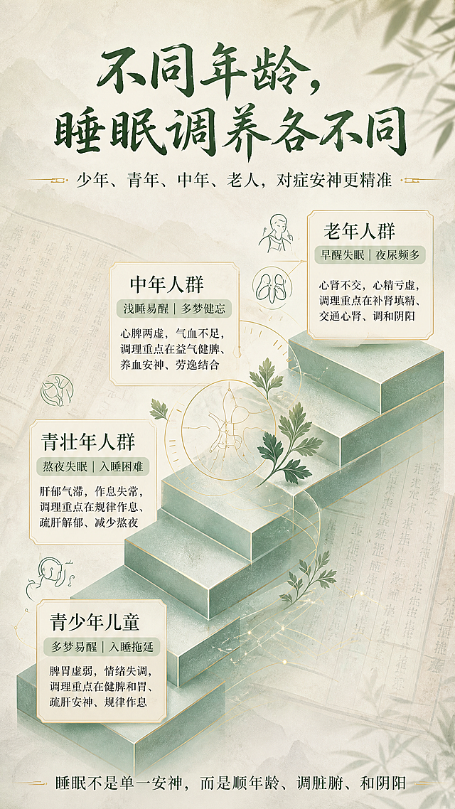 基于参考图进行优化：1. 调整画面比例为9:16竖版，重新排版布局使内容适配竖屏比例，保持所有文字信息完整；2. 更换更雅致的中式书法风格标题字体，正文字体更换为更清晰易读的宋体类字体，提升文字质感；3. 整体图片美化，增强画面质感，优化色彩层次，保留中式国风浅绿淡雅风格，提升画面精致度和高级感；4. 保留原图所有核心内容：标题'不同年龄，睡眠调养各不同'、副标题'少年、青年、中年、老人，对症安神更精准'、四个人群板块（青少年儿童、青壮年人群、中年人群、老年人群）的全部文字内容、阶梯插画、草本元素、古籍背景纹理，以及底部标语'睡眠不是单一安神，而是顺年龄、调脏腑、和阴阳'