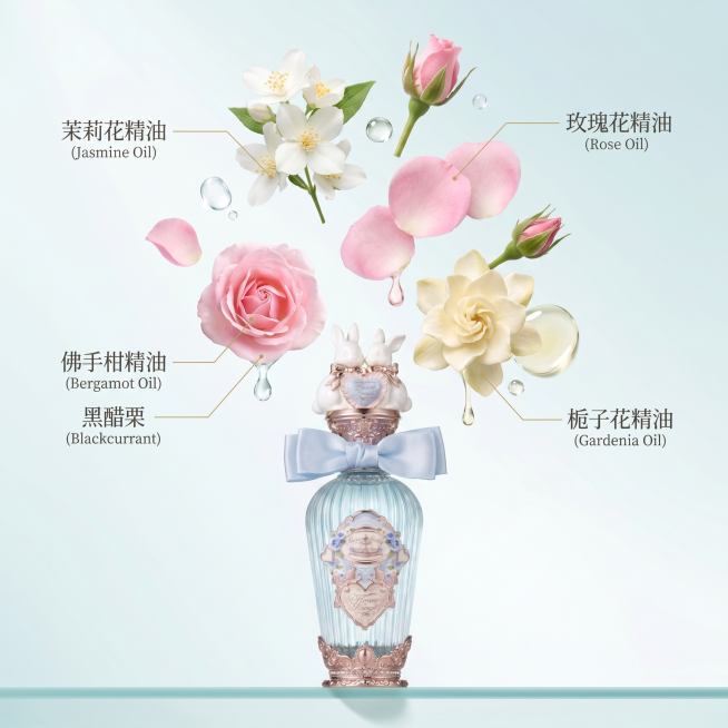 [主图 2] 花果调香水核心成分解析主图；[氛围风格] 纯净高级自然感，通透水润亮调；[画质] 商业摄影质感、光线柔和通透、产品清晰真实、画面干净高级；[元素] 香水瓶置于画面底部，上方悬浮新鲜茉莉花预览效果