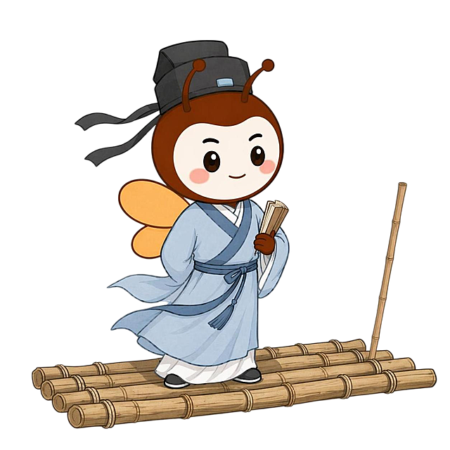 将船更换为更简约的竹簰（竹排），保持小蜜蜂古代秀才形象、表情、整体风格不变，符合原卡通插画风格，白色背景