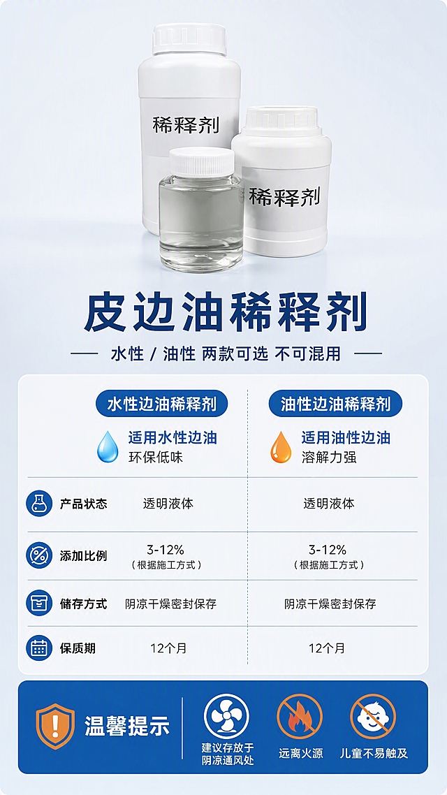[第8张] 详情页产品规格信息卡 - 水性/油性分类与参数说明。本张使用【图1】三瓶稀释剂作为产品标准照展示。
[氛围/风格] 专业参数卡风，简洁信息版式，清晰规整，商业摄影质感。
[元素布局] 画面上方展示三瓶稀释剂全家福标准照，占比约30%，整齐排列；中间为产品名称和分类说明；下方为参数信息卡，左右分栏展示水性和油性两款的对比信息；底部为温馨提示区域；背景为浅灰蓝色渐变，干净专业。
[光影质感] 产品区顶部柔光，均匀明亮，参数区平面化清晰呈现。
[配色色系] 全局底色 #F2F6FA 浅灰蓝；主色深蓝 #1A5CAD、白色；辅助色浅蓝、深灰文字、橙色强调。
[视角构图] 上下结构，上产品中标题下参数卡，阅读动线从上到下。
[文字版式] 产品下方大标题「皮边油稀释剂」，副标题「水性 / 油性 两款可选 不可混用」，深蓝色粗黑体；参数卡左右两栏：左栏「水性边油稀释剂」适用水性边油 环保低味，右栏「油性边油稀释剂」适用油性边油 溶解力强；中间竖线分隔；下方参数行：「产品状态」透明液体、「添加比例」3-12%（根据施工方式）、「储存方式」阴凉干燥密封保存、「保质期」12个月；最底部温馨提示：「建议存放于阴凉通风处 远离火源 儿童不易触及」，配小图标。
[比例分辨率] 9:16 竖版比例，4K 分辨率，文字清晰可辨，高清画质。
[负向提示词] 产品变形，标签错乱，参数文字过小，水印，颜色偏差，排版混乱。