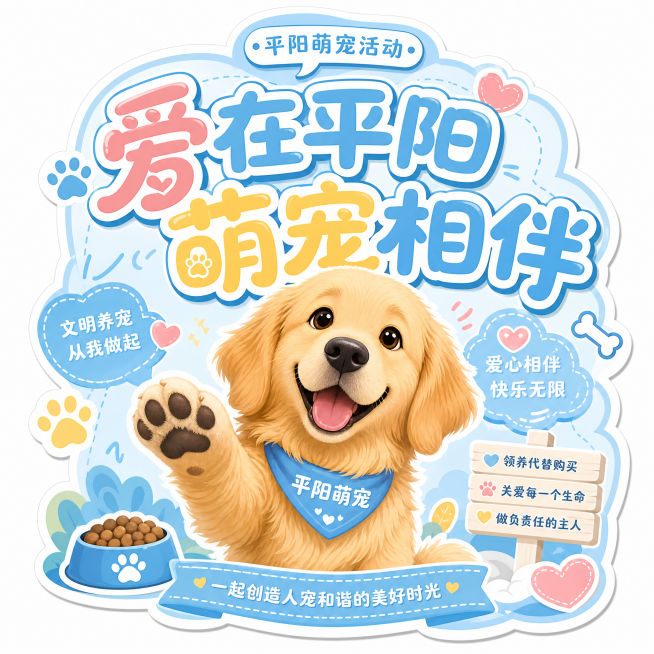 平阳萌宠活动主题异形贴纸，中心放置卡通金毛，边缘异形抠图贴合不规则轮廓，圆润大字主标题"爱在平阳 萌宠相伴"，整体马卡龙浅蓝色系，边角点缀骨头、爪印、爱心装饰，清新活泼风格预览效果